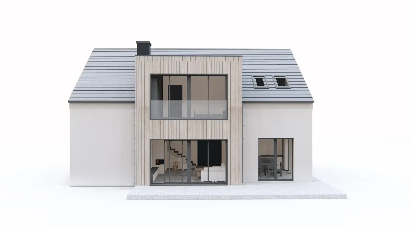 Gotowy projekt domu  - Nowoczesny dom z poddaszem, gabinetem, efektowną lukarną i dużymi przeszkleniami