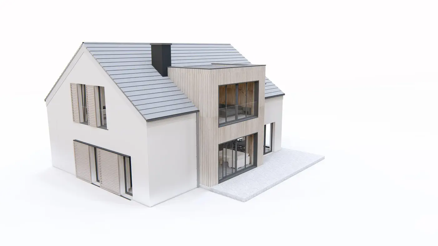 Gotowy projekt domu  - Nowoczesny dom z poddaszem, gabinetem, efektowną lukarną i dużymi przeszkleniami