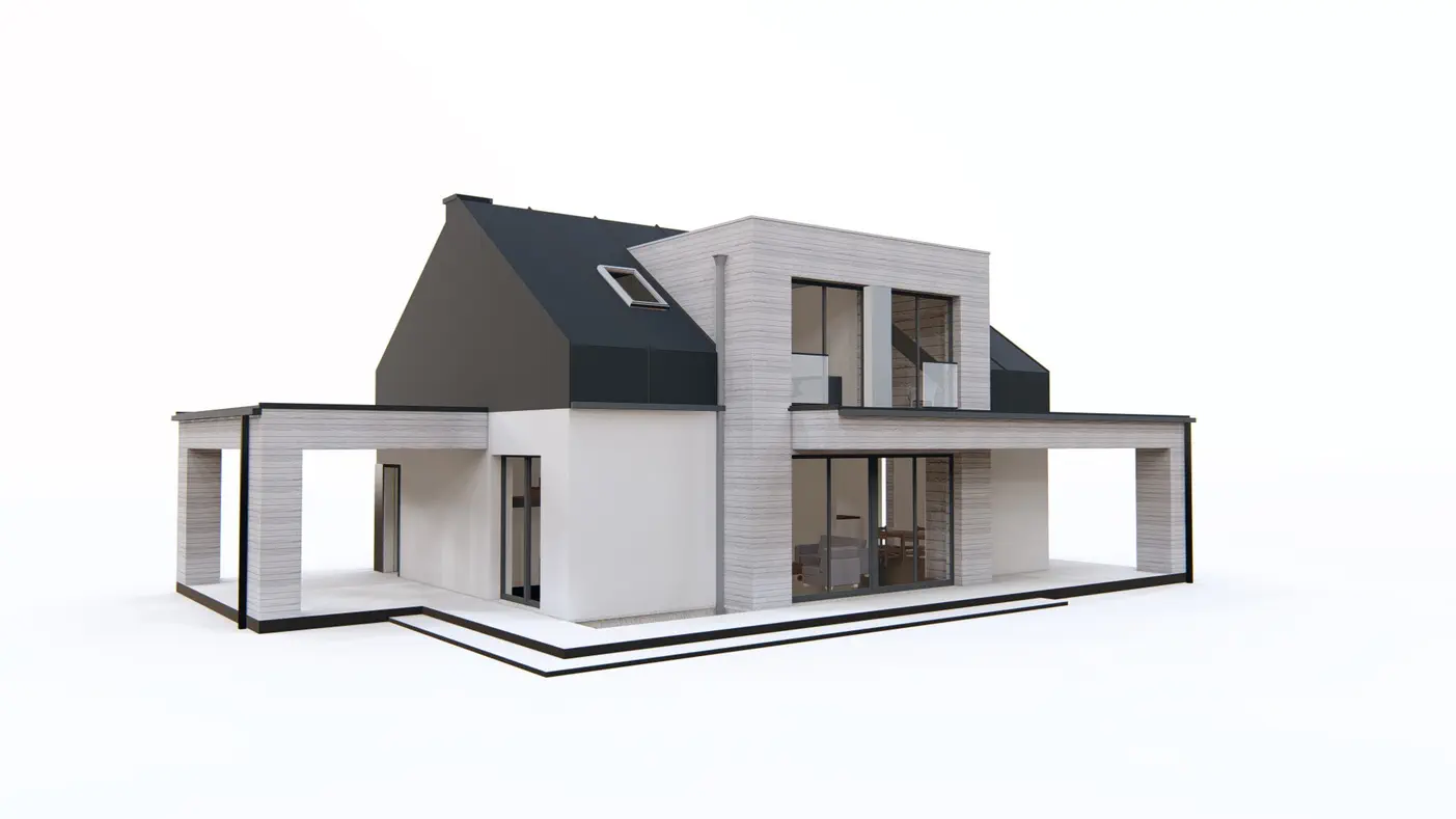 Gotowy projekt domu  - Dom z poddaszem, nowoczesnymi lukarnami i zadaszonym miejscem na samochód.
