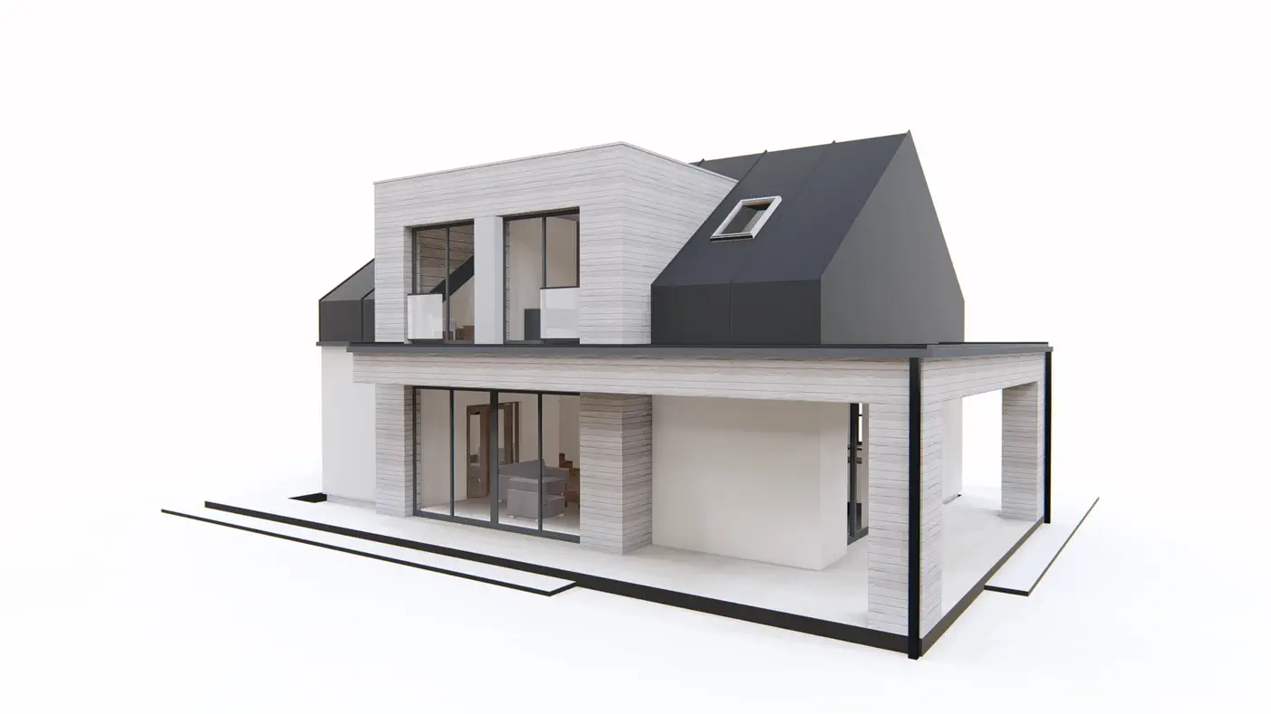 Gotowy projekt domu  - Dom z poddaszem, nowoczesnymi lukarnami i zadaszonym miejscem na samochód.