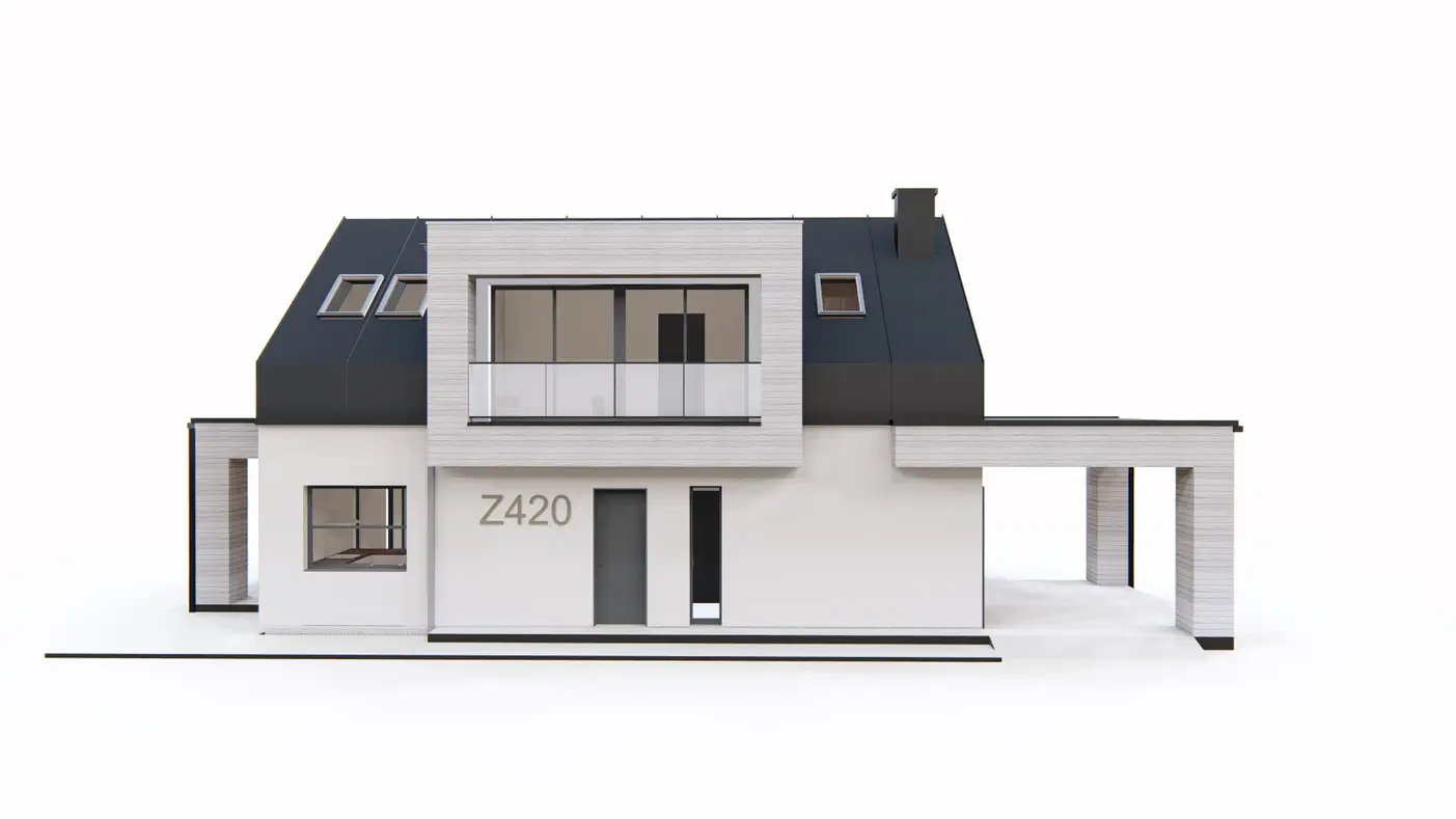 Gotowy projekt domu  - Dom z poddaszem, nowoczesnymi lukarnami i zadaszonym miejscem na samochód.