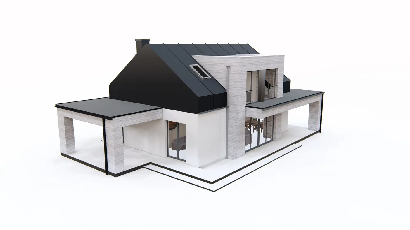 Gotowy projekt domu  - Dom z poddaszem, nowoczesnymi lukarnami i zadaszonym miejscem na samochód.