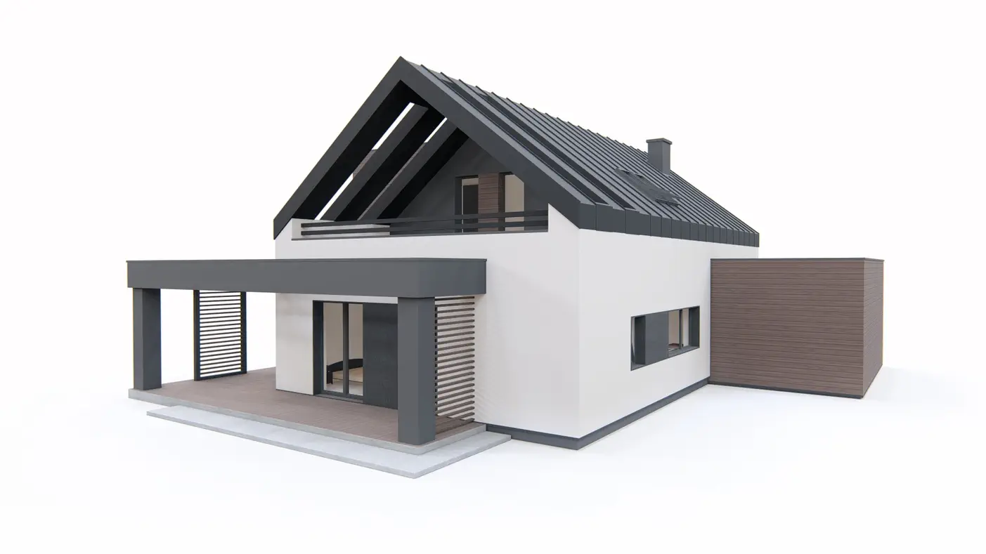 Gotowy projekt domu  - Dom z dachem dwuspadowym, nowoczesną lukarną, bocznym tarasem oraz garażem.