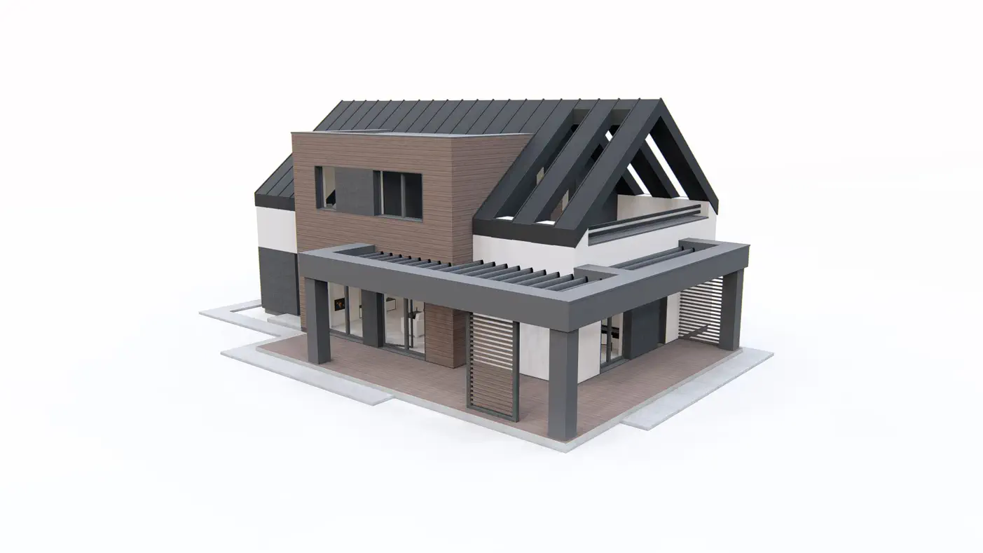 Gotowy projekt domu  - Dom z dachem dwuspadowym, nowoczesną lukarną, bocznym tarasem oraz garażem.