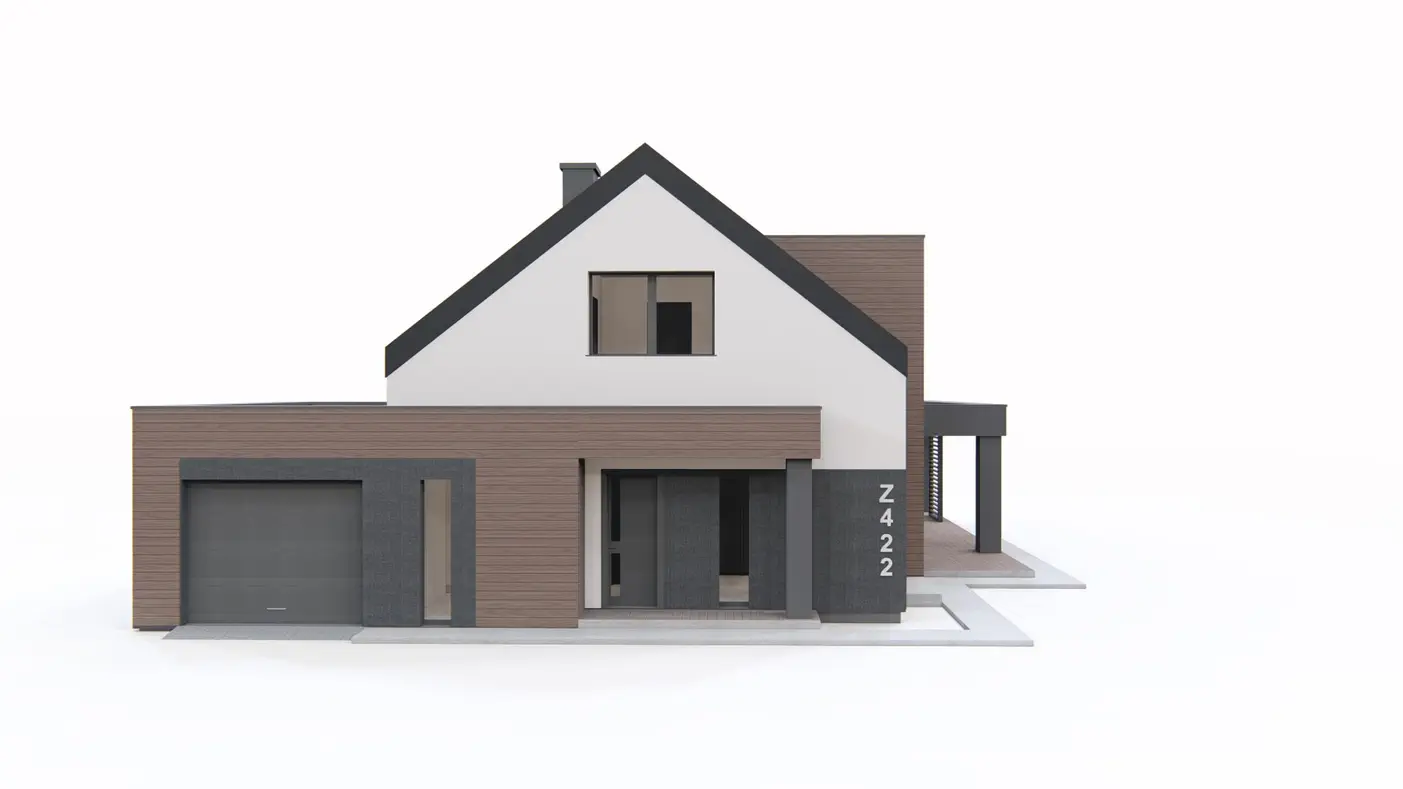 Gotowy projekt domu  - Dom z dachem dwuspadowym, nowoczesną lukarną, bocznym tarasem oraz garażem.