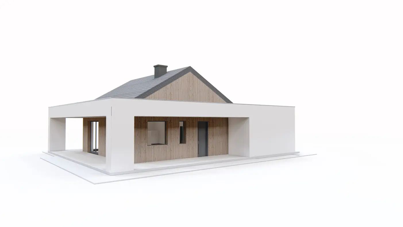 Gotowy projekt domu  - Dom parterowy z podziałem na strefy, z 3 sypialniami i dużym zadaszonym tarasem.