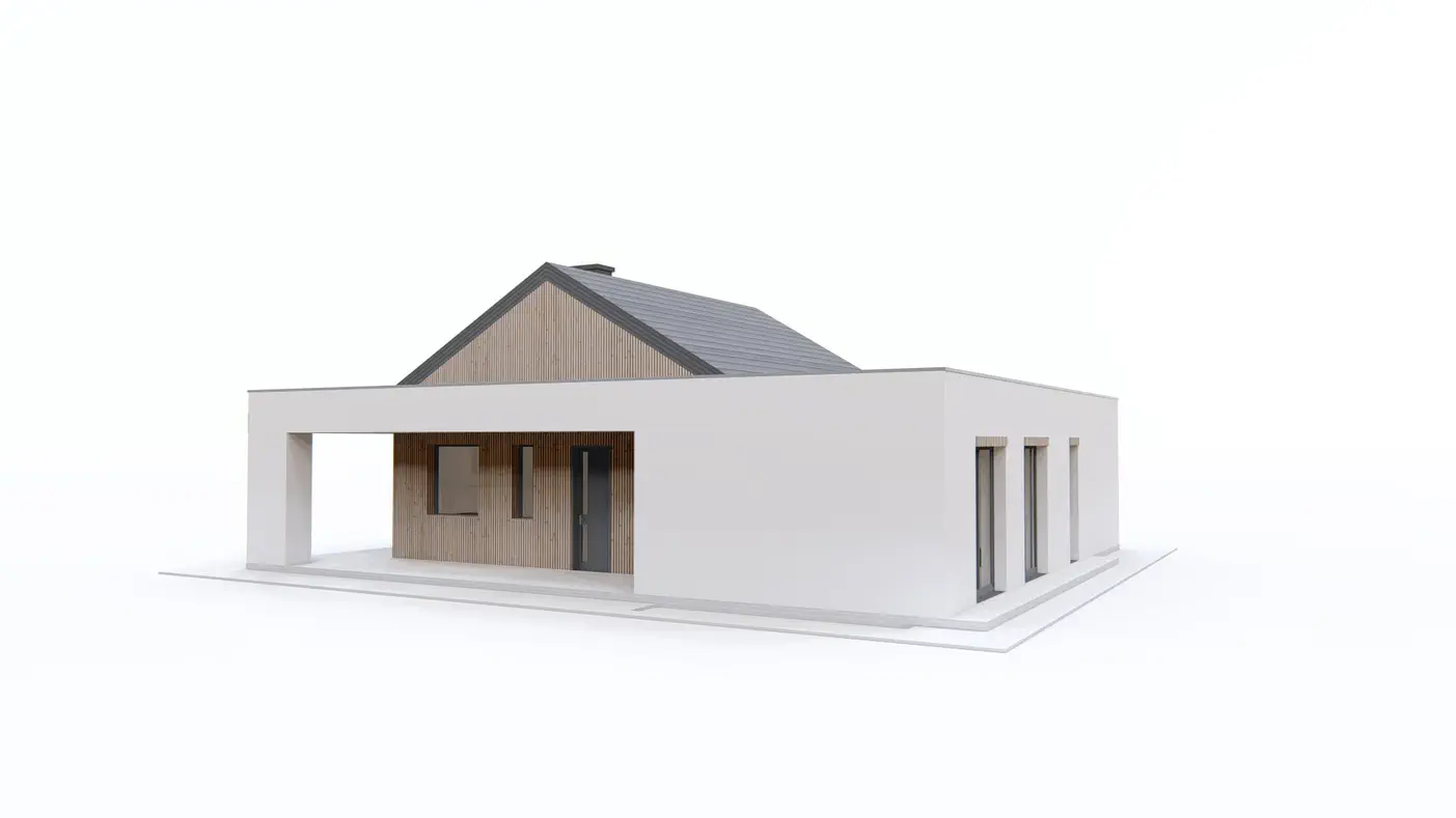 Gotowy projekt domu  - Dom parterowy z podziałem na strefy, z 3 sypialniami i dużym zadaszonym tarasem.