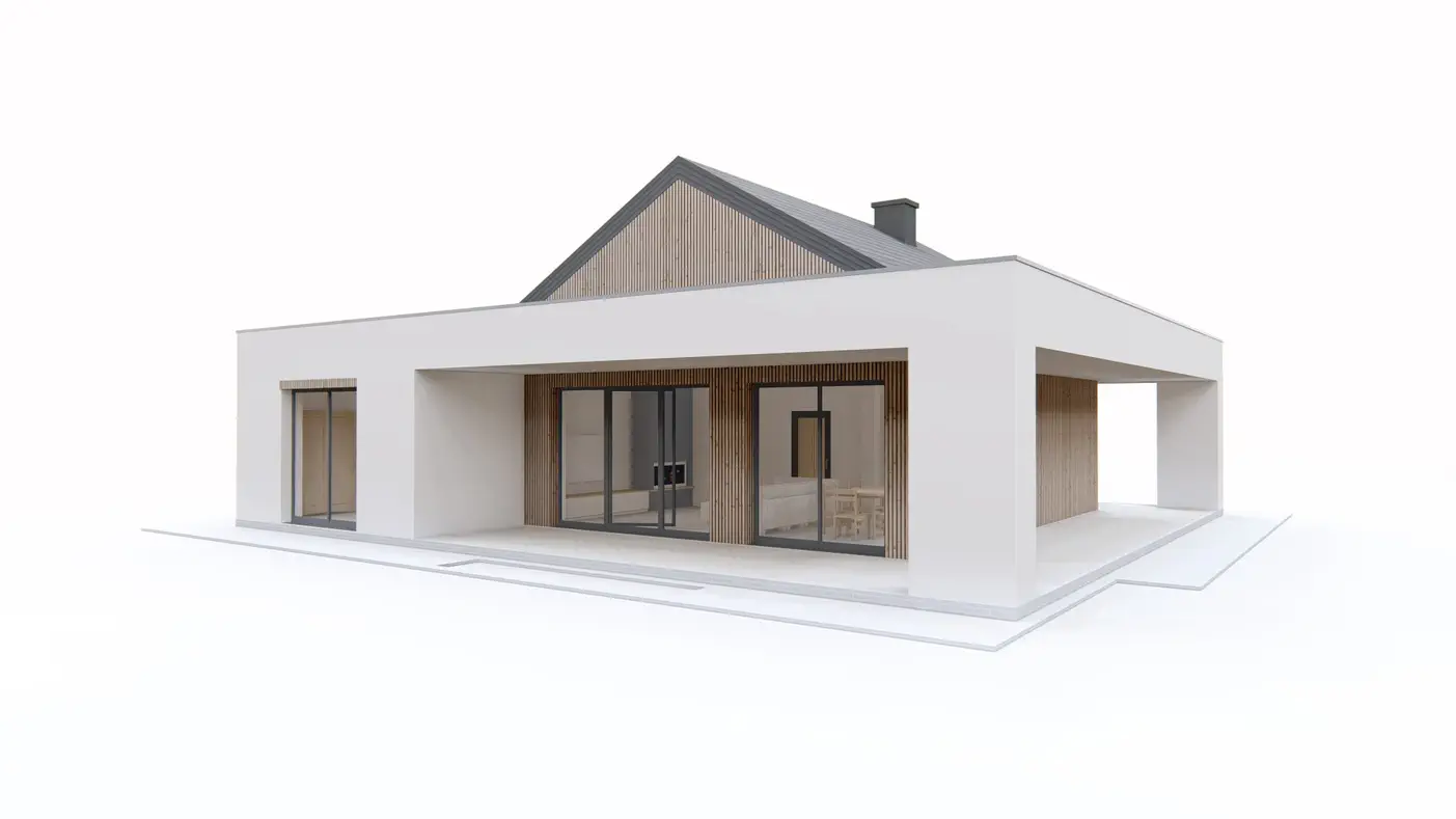 Gotowy projekt domu  - Dom parterowy z podziałem na strefy, z 3 sypialniami i dużym zadaszonym tarasem.