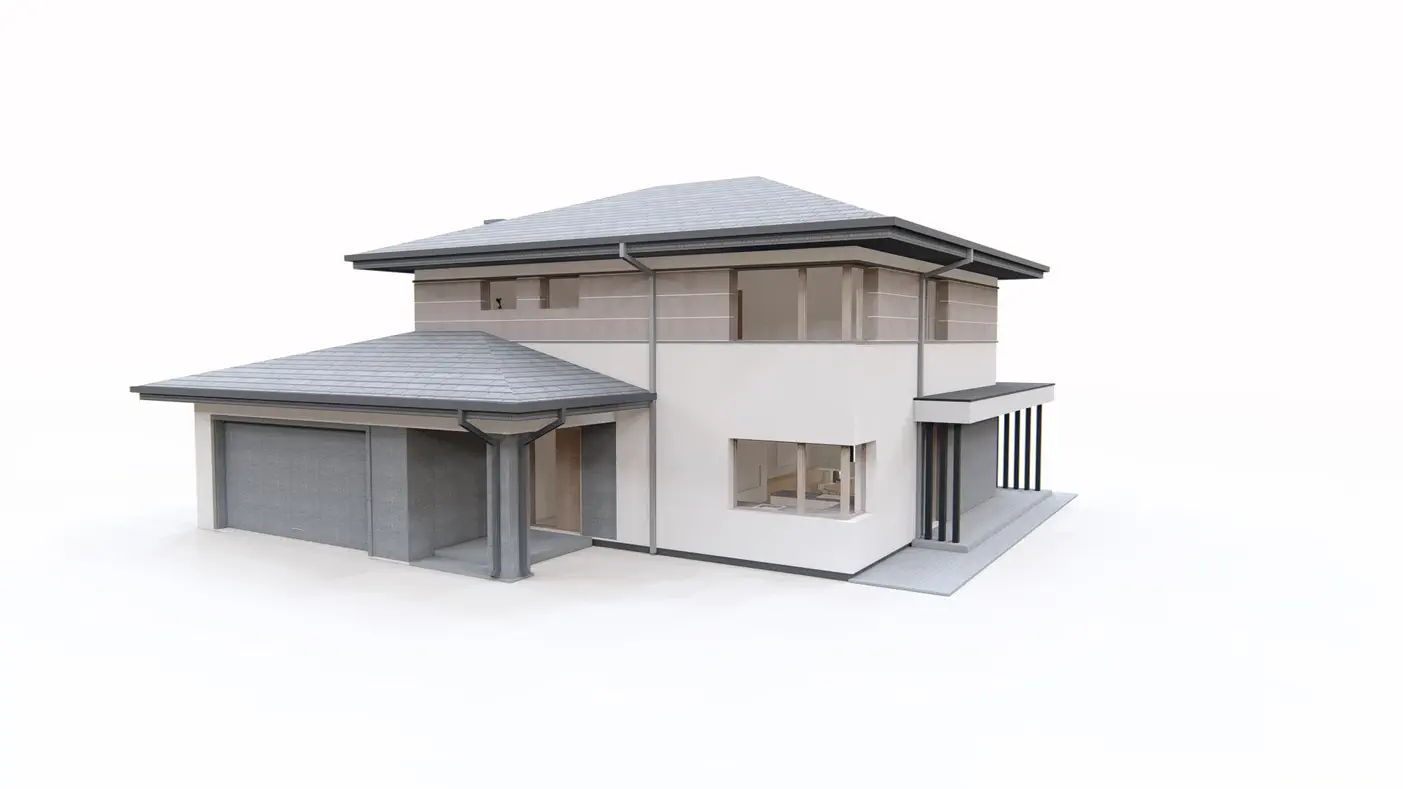 Gotowy projekt domu  - Dom piętrowy z dachem wielospadowym, garaż na 2 auta, duży salon