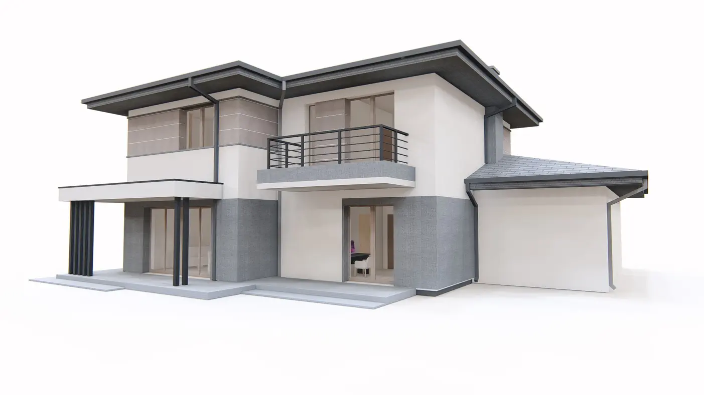 Gotowy projekt domu  - Dom piętrowy z dachem wielospadowym, garaż na 2 auta, duży salon