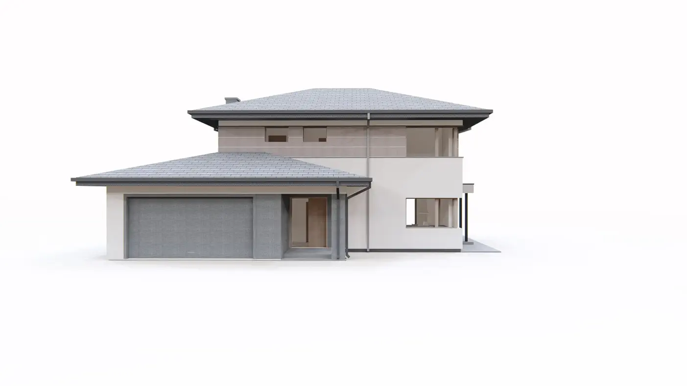 Gotowy projekt domu  - Dom piętrowy z dachem wielospadowym, garaż na 2 auta, duży salon