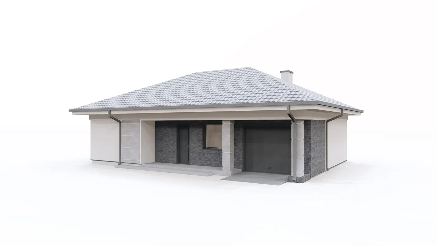 Gotowy projekt domu  - Parterowy dom z dachem kopertowym, garażem 1-stanowiskowym i dwoma sypialniami.