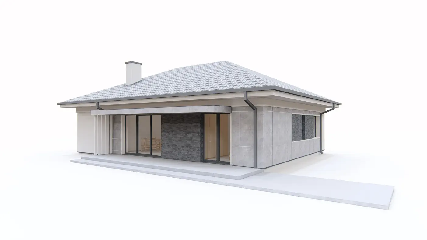 Gotowy projekt domu  - Parterowy dom z dachem kopertowym, garażem 1-stanowiskowym i dwoma sypialniami.