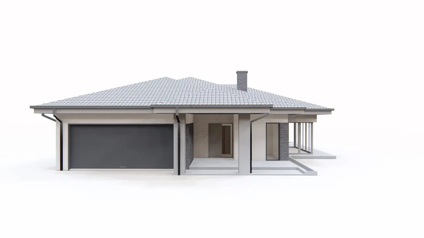 Gotowy projekt domu  - Dom parterowy, z garażem 2stanowiskowym kuchnia od ogrodu i bocznym salonem.