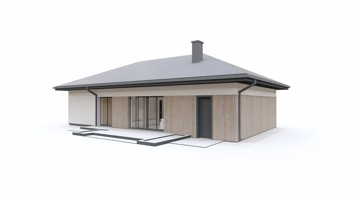 Gotowy projekt domu  - Dom parterowy z garażem jednostanowiskowym, dachem kopertowym i 3 sypialniami.