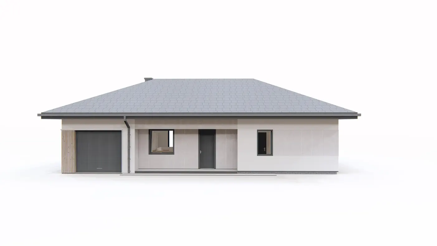 Gotowy projekt domu  - Dom parterowy z garażem jednostanowiskowym, dachem kopertowym i 3 sypialniami.