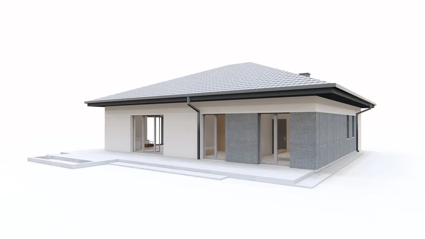 Z429 to wyjątkowy dom z kategorii projekty domów jednorodzinnych Gotowy projekt domu - Dom parterowy z garażem 1-stanowiskowym, dachem kopertowym i dwoma sypialniami.