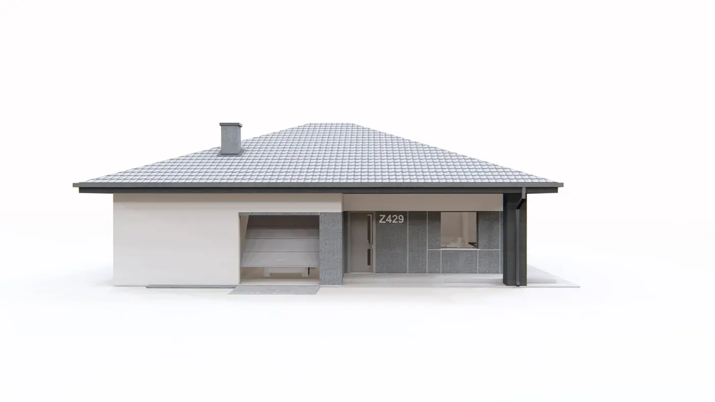 Z429 to wyjątkowy dom z kategorii projekty domów do 110 m2 Gotowy projekt domu - Dom parterowy z garażem 1-stanowiskowym, dachem kopertowym i dwoma sypialniami.