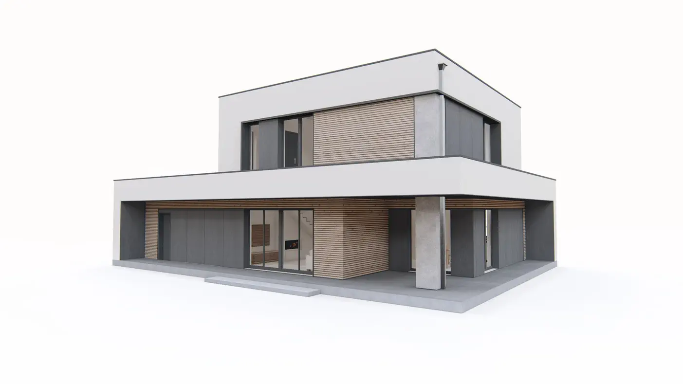 Gotowy projekt domu  - Nowoczesny dom z płaskim dachem, garażem na 2 stanowiska i 3 sypialniami.