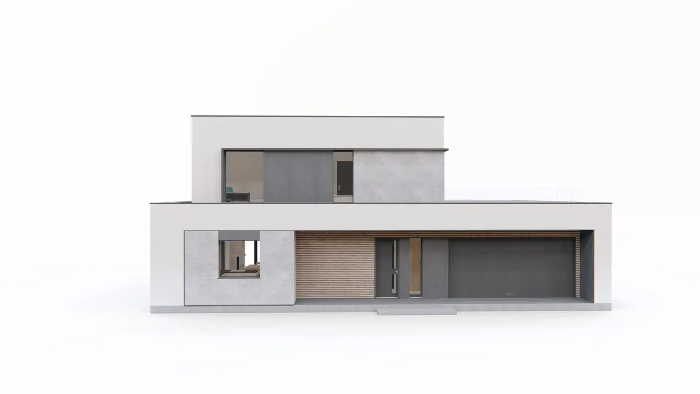 Gotowy projekt domu  - Nowoczesny dom z płaskim dachem, garażem na 2 stanowiska i 3 sypialniami.