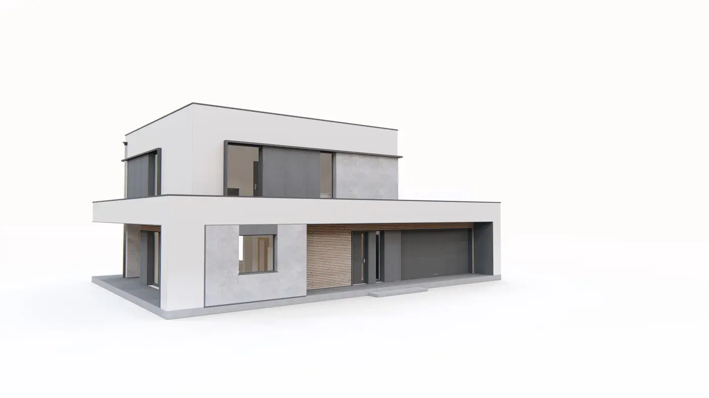 Gotowy projekt domu  - Nowoczesny dom z płaskim dachem, garażem na 2 stanowiska i 3 sypialniami.