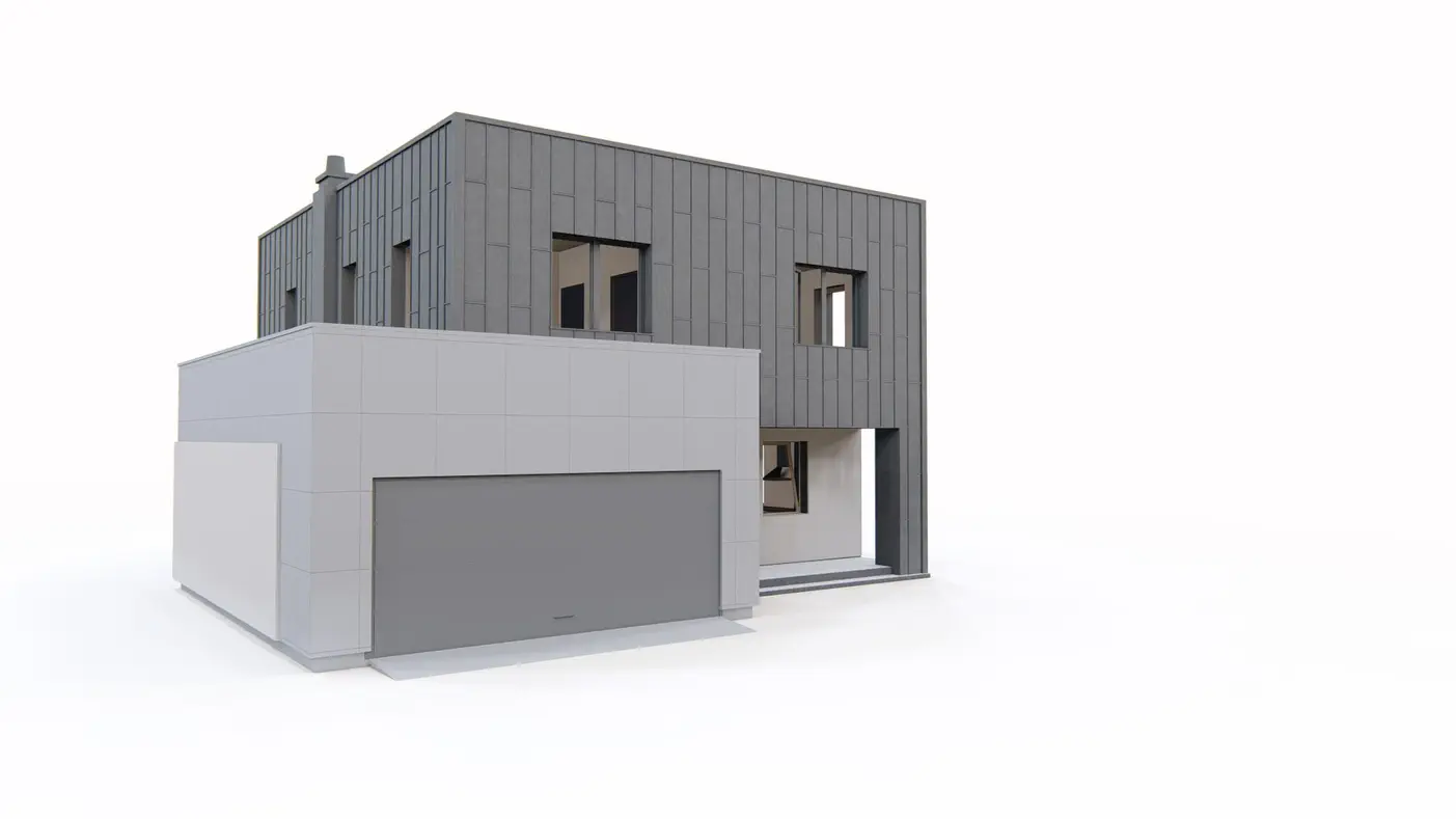 Gotowy projekt domu  - Piętrowy dom z płaskim dachem, 4 pokojami, master bedroom oraz garażem