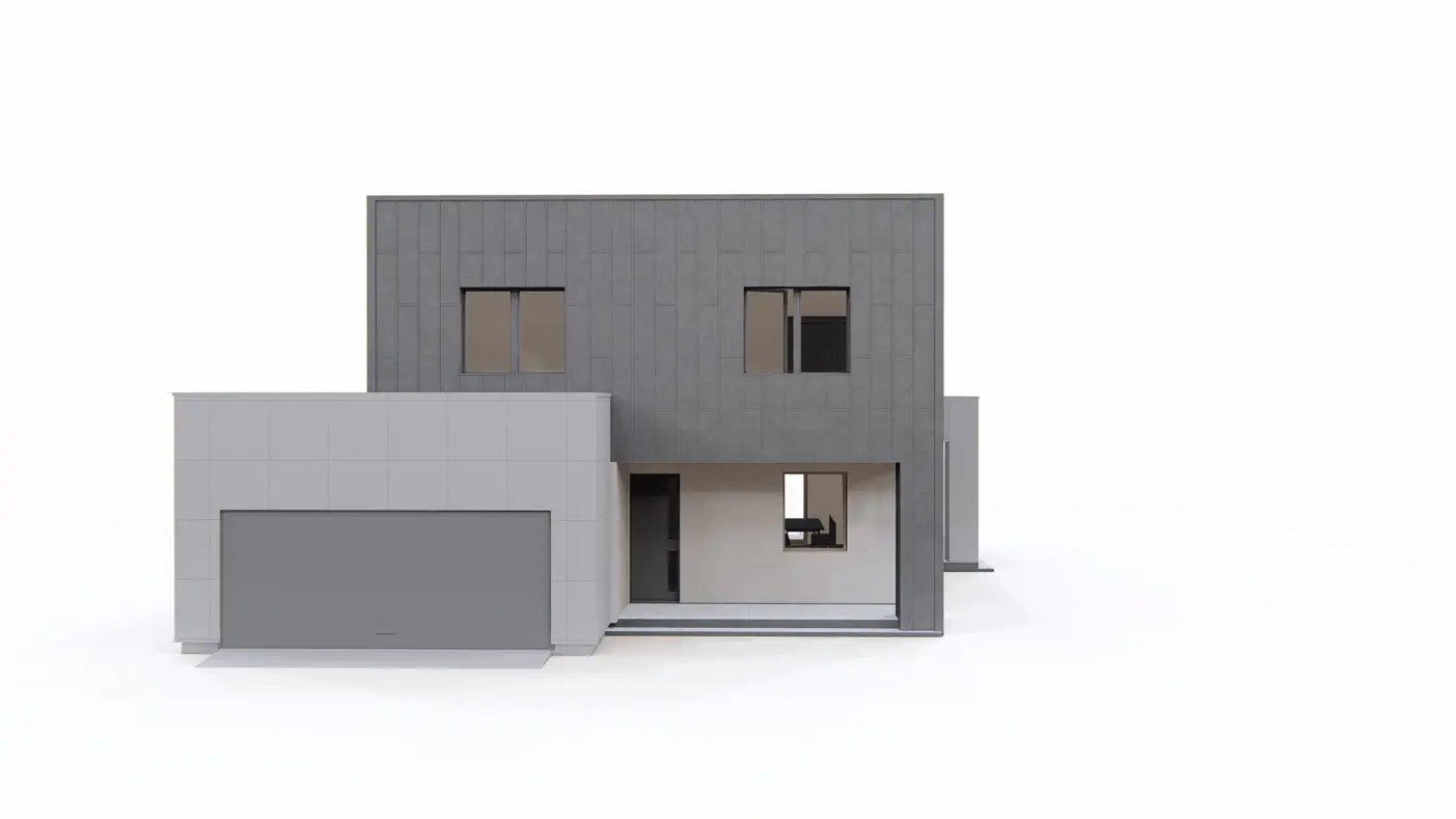 Gotowy projekt domu  - Piętrowy dom z płaskim dachem, 4 pokojami, master bedroom oraz garażem