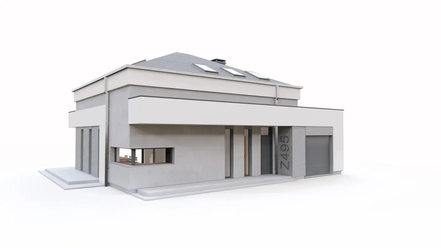 Z495 to wyjątkowy dom z kategorii projekty domów do 130 m2 Gotowy projekt domu - Piętrowy dom z dachem kopertowym, garażem i gabinetem w parterze.