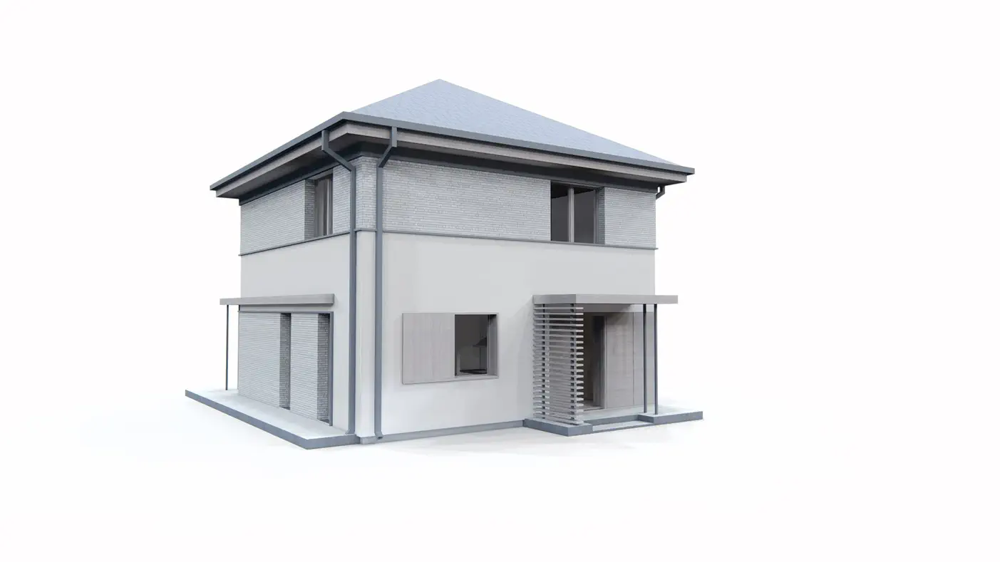 Z437 to wyjątkowy dom z kategorii projekty domów do 100 m2 Gotowy projekt domu - Dom na planie kwadratu, z dachem kopertowym i pełnym piętrem.