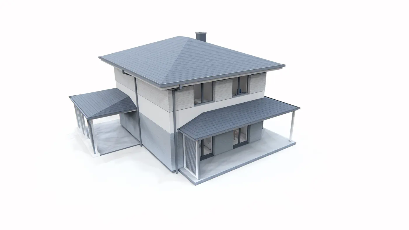 Gotowy projekt domu  - Piętrowy dom na planie prostokąta z pełnym piętrem i wiatą na samochód.