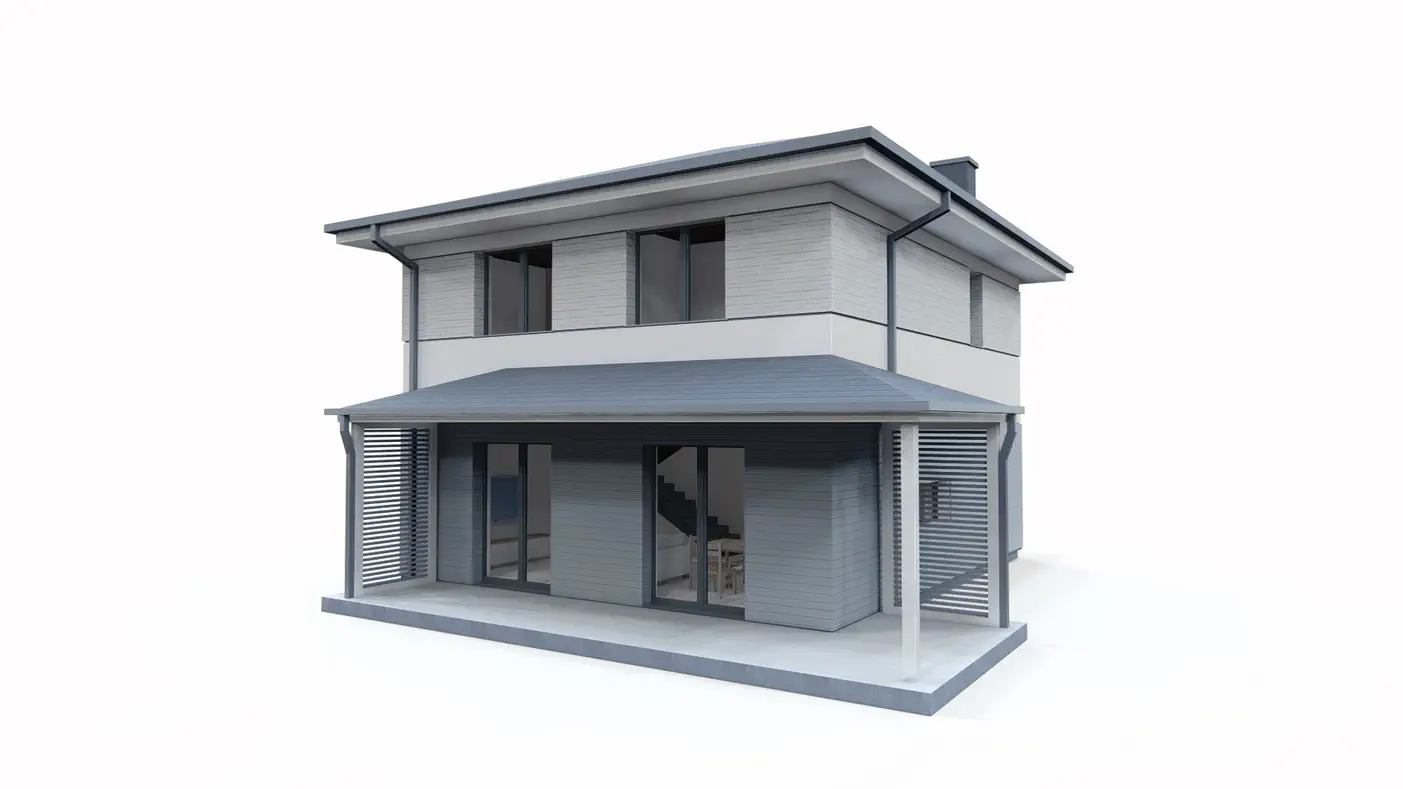 Gotowy projekt domu  - Piętrowy dom na planie prostokąta z pełnym piętrem i wiatą na samochód.