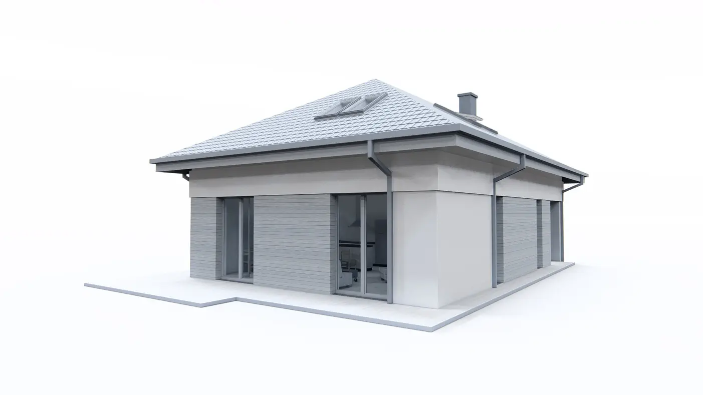 Gotowy projekt domu  - Dom z poddaszem użytkowym, kopertowym dachem i garażem jednostanowiskowym.