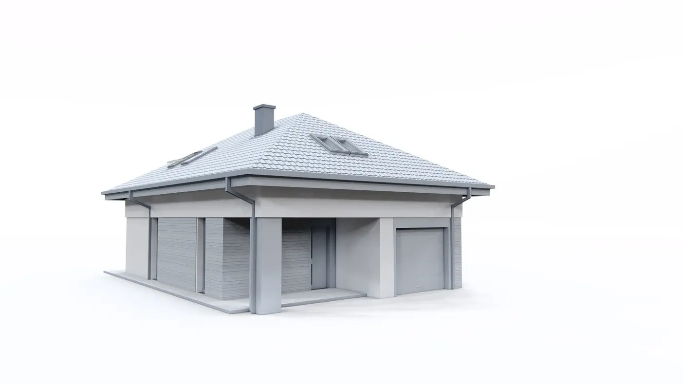 Gotowy projekt domu  - Dom z poddaszem użytkowym, kopertowym dachem i garażem jednostanowiskowym.