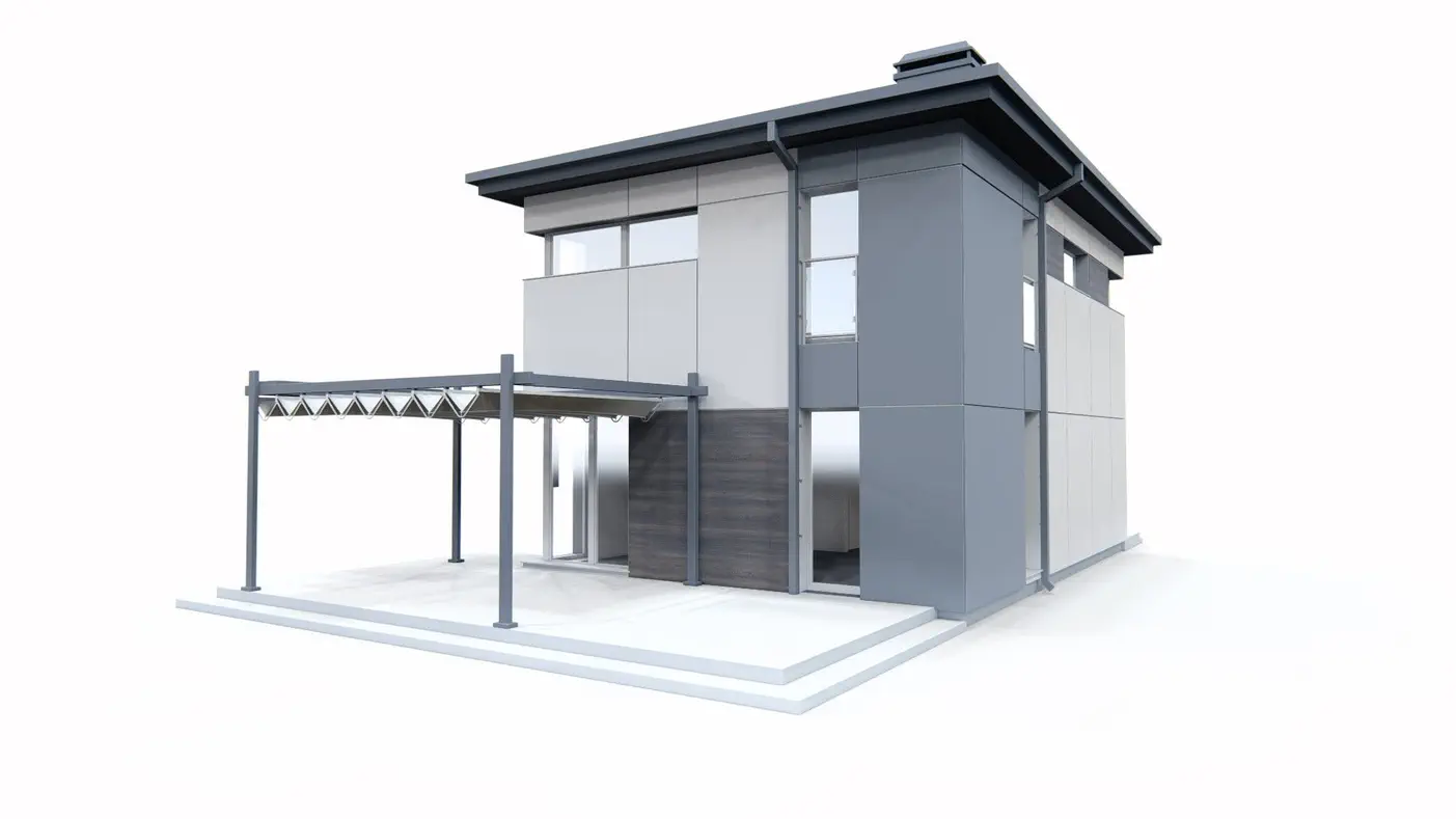 Namo projektas - Dviaukštis namas su terasa ir stogine automobiliui