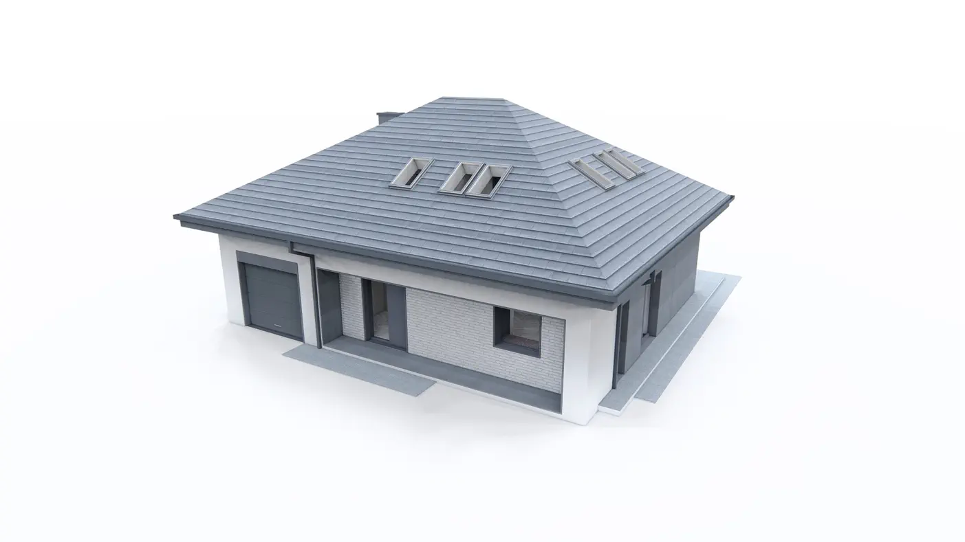 Gotowy projekt domu  - Parterowy dom z poddaszem użytkowym, garażem oraz dachem kopertowym.