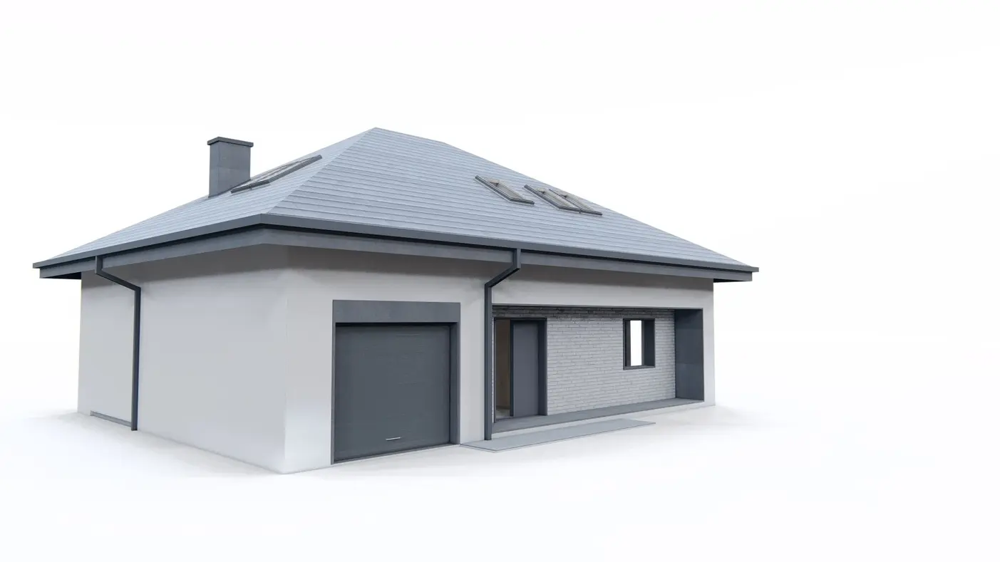 Namo projektas  - Namas su palėpe, keturšlaičiu stogu ir vienviečiu garažu