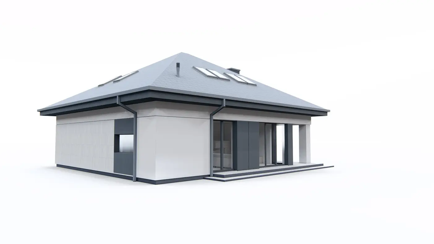 Z477 to wyjątkowy dom z kategorii projekty domów z większą liczbą pokoi Gotowy projekt domu - Dom z poddaszem uzytkowym, dachem kopertowym i garażem jednostanowiskowym.