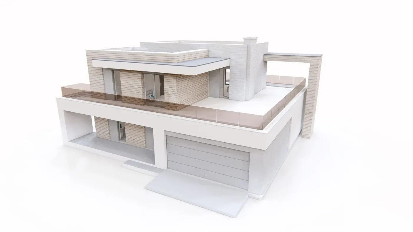 Mājas projekts  - Moderna, divstāvu māja ar plakanu jumtu un  garāžu 2 automašīnām - Zx31