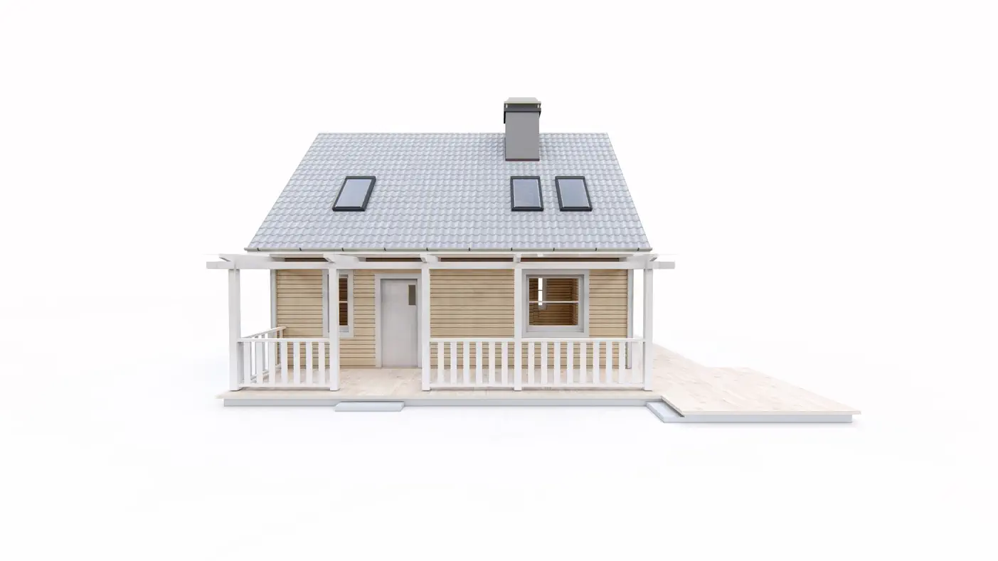 Gotowy projekt domu  - Twój DOM w paczce
Mały, drewniany dom z poddaszem, 3 pokojami i tarasem