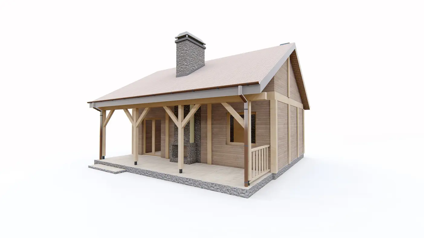 Gotowy projekt domu  - Mały energooszczędny dom z dachem dwuspadowym i zadaszonym tarasem z kominkiem