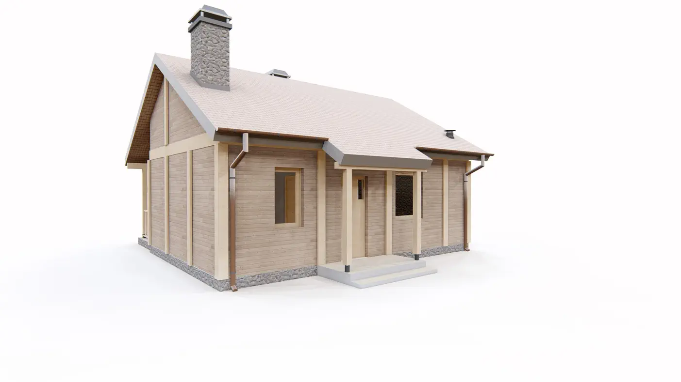 Gotowy projekt domu  - Mały energooszczędny dom z dachem dwuspadowym i zadaszonym tarasem z kominkiem