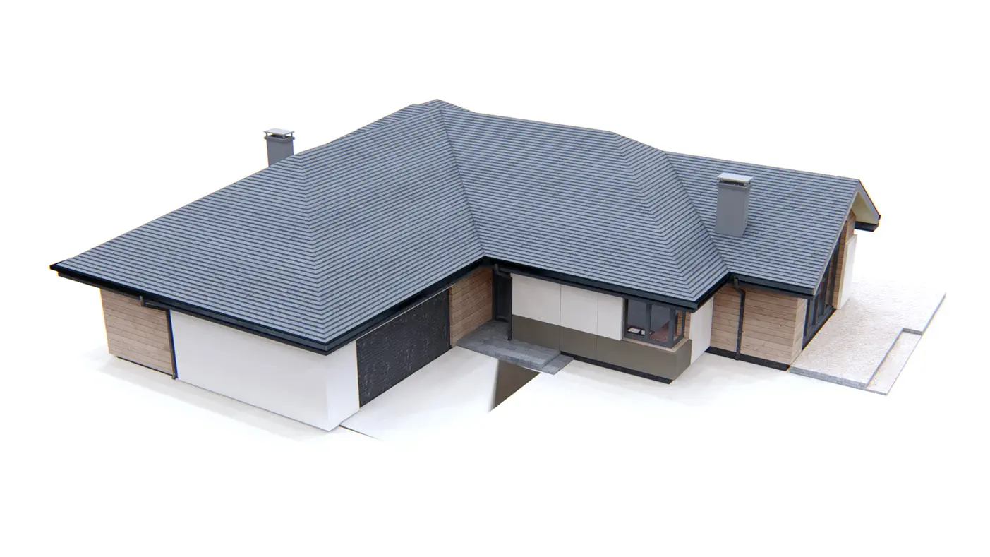 Home project  - A one-story house with a garage and a living room from the south