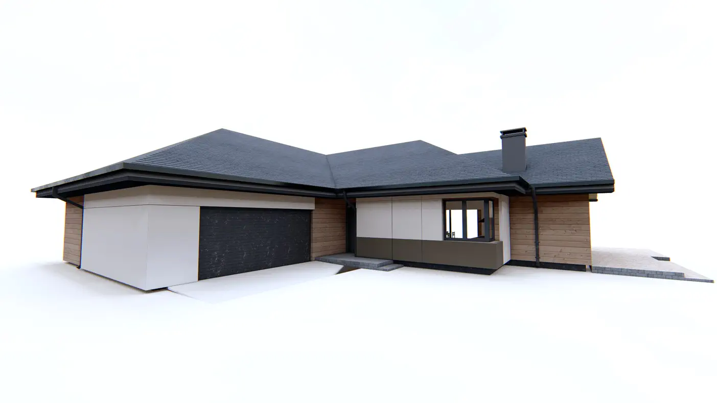 Home project  - A one-story house with a garage and a living room from the south