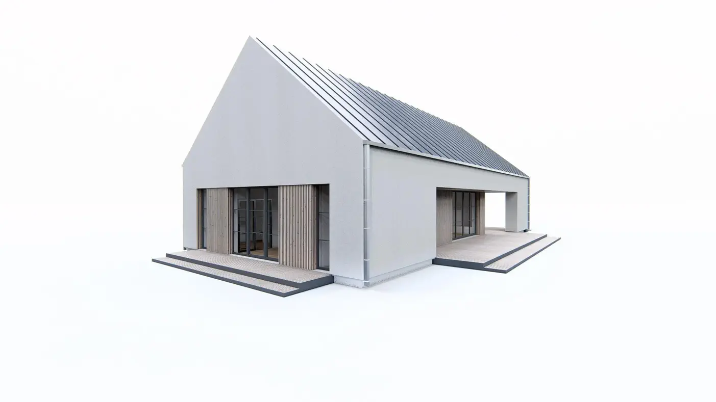 Gotowy projekt domu  - Nowoczesny dom parterowy z dwoma sypialniami, dachem dwuspadowym i wiatą na auto