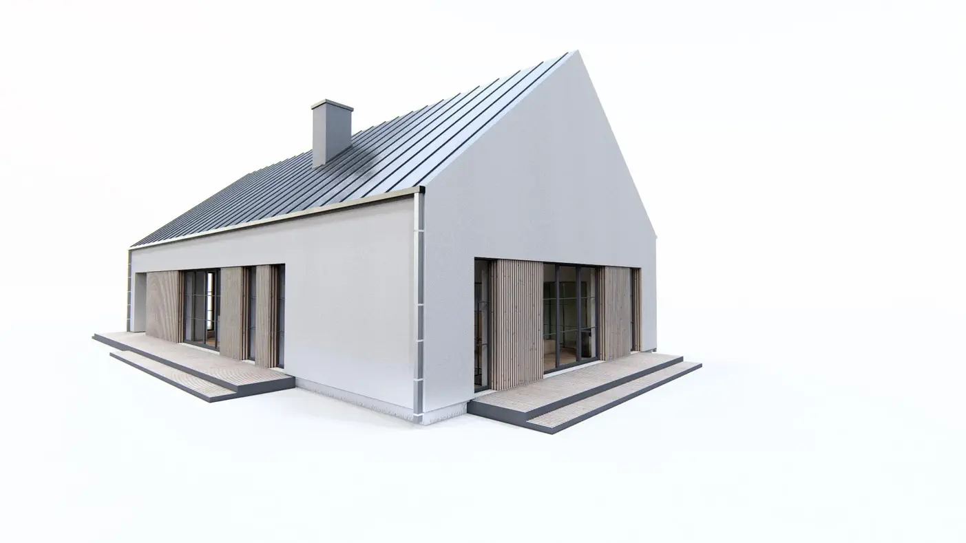 Gotowy projekt domu  - Nowoczesny dom parterowy z dwoma sypialniami, dachem dwuspadowym i wiatą na auto