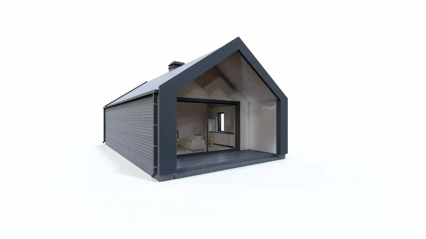 Gotowy projekt domu  - Niewielki parterowy dom nowoczesna stodoła z pompą ciepła na planie prostokąta