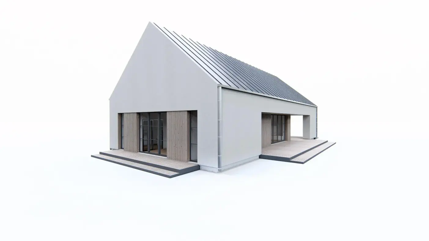 Z472 D EcoDom to wyjątkowy dom z kategorii projekty domów na wąską działkę Gotowy projekt domu - Nowoczesna stodoła z budową w technologii drewnianej, szkieletowej - tradycyjnej