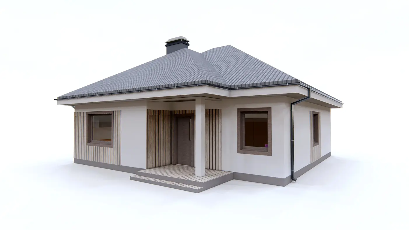 Gotowy projekt domu  - Mały i parterowy dom z funkcjonalnym układem pomieszczeń i zadaszonym tarasem