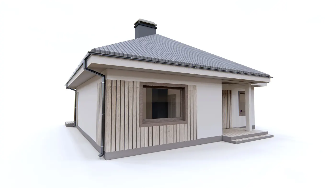 Gotowy projekt domu  - Mały i parterowy dom z funkcjonalnym układem pomieszczeń i zadaszonym tarasem