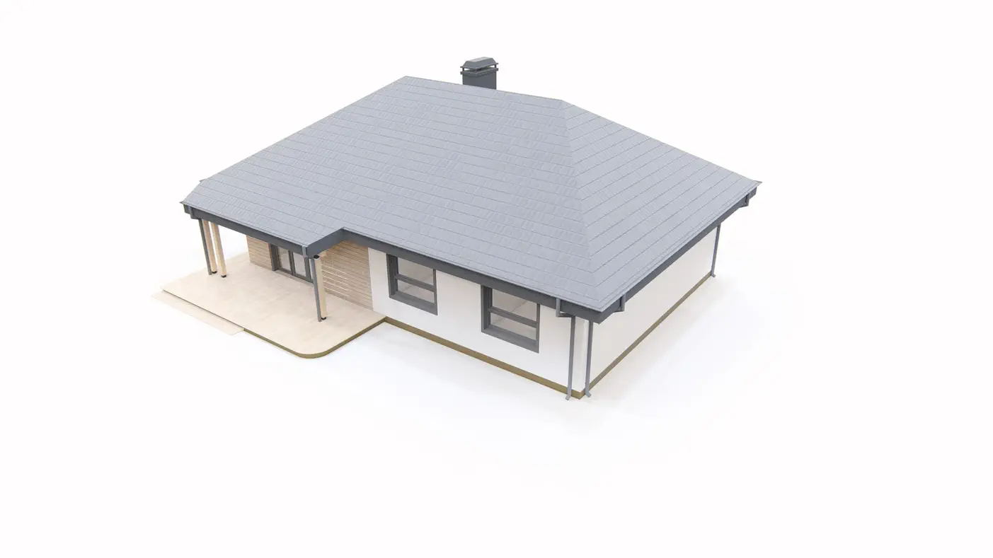 Gotowy projekt domu  - Wygodny, parterowy dom z 3 sypialniami, przestronnym salonem, zadaszonym tarasem